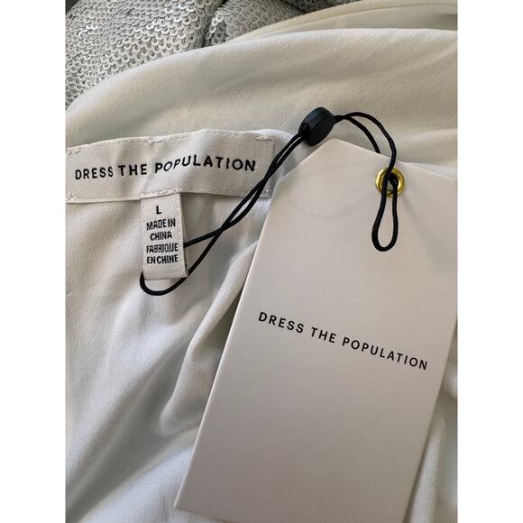 NWT DRESS THE POPULATION Silver Emilia Sequin Long Sleeve Cocktail Dress Size L - Picture 10 of 12